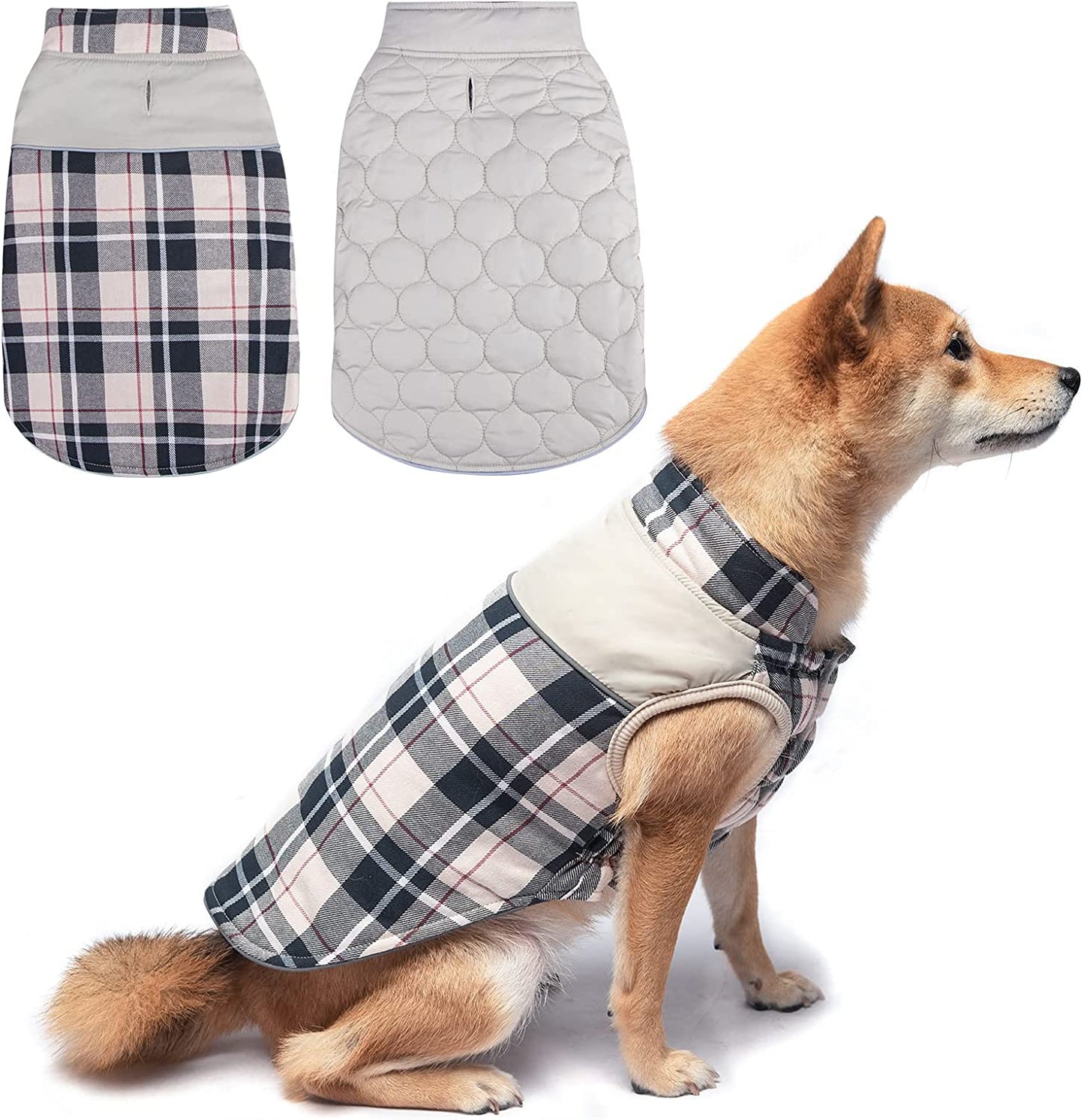 BEAUTYZOO Reflective Dog Winter Coat,Reversible British Style Plaid Dog Vest Windproof Waterproof Dog Jacket Clothes for Small Medium Large Dogs, Pet Apparel Girl or Boy Outfits, Beige L Animals & Pet Supplies > Pet Supplies > Dog Supplies > Dog Apparel BEAUTYZOO Beige Small (Pack of 1) 