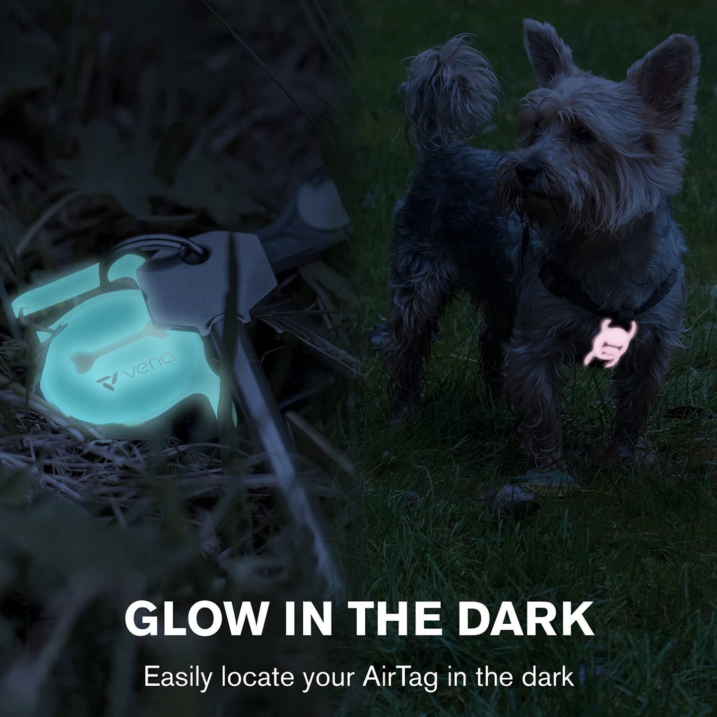 Vena Glow in the Dark Anti-Scratch Silicone Case Compatible with Apple Airtag for Dog Cat Pet Collar (2 Packs), Protective Airtag GPS Holder for Pet Loop Collar and Backpack (Light Blue / Pink)
