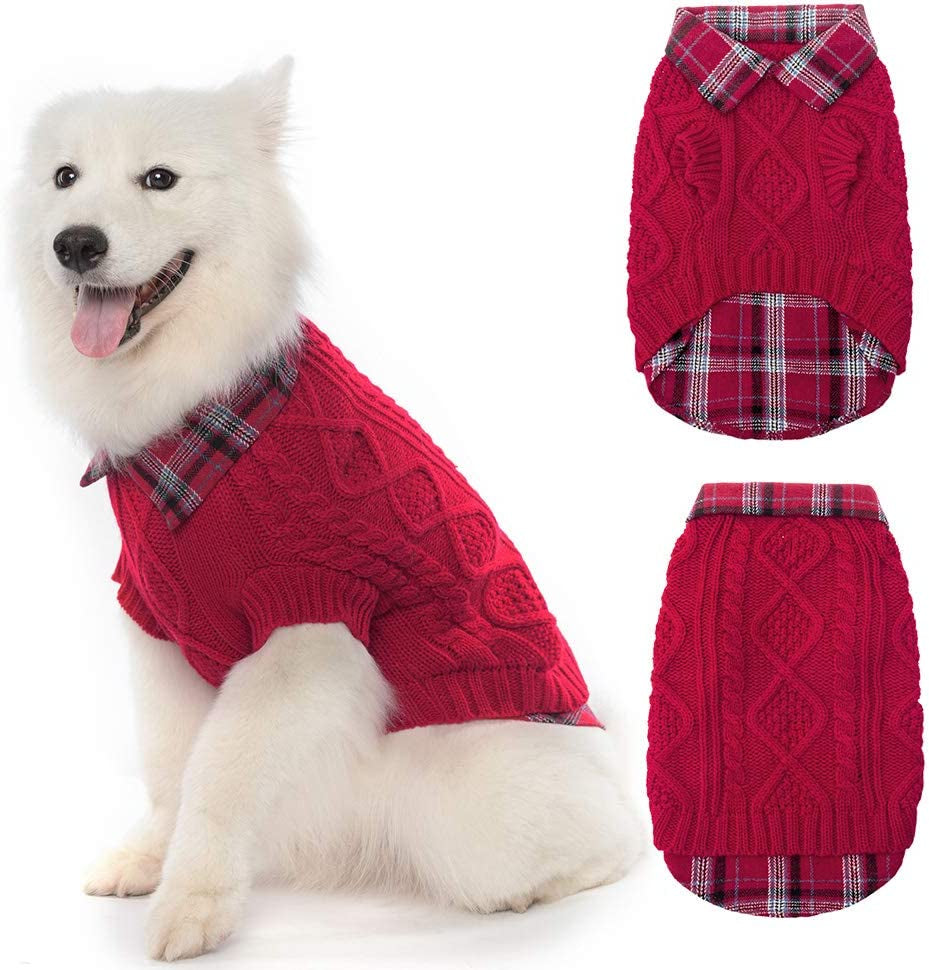 Warm Dog Sweater Winter Clothes - Plaid Patchwork Pet Doggy Knitted Sweaters Comfortable Coats for Cold Weather, Fit for Small Medium Large Dogs Animals & Pet Supplies > Pet Supplies > Dog Supplies > Dog Apparel Homimp Red Large 