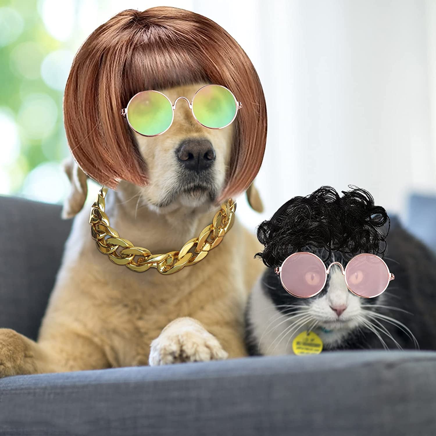 3 Pieces Dog Cosplay Wig, Cat Wigs, Dog Cosplay Costumes Accessories Include 3 Pieces Retro Pet round Sunglasses and 1 Pieces Dog Chain Necklace, Classic Funny Pet Accessories for Holiday Party Decor Animals & Pet Supplies > Pet Supplies > Dog Supplies > Dog Apparel LETA   