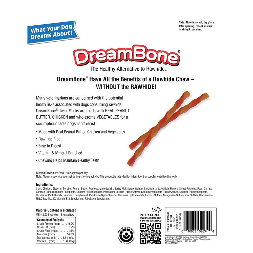 Dreambone Twist Sticks with Peanut Butter Rawhide-Free Dog Chews, 9.7 Oz. (50 Count) Animals & Pet Supplies > Pet Supplies > Dog Supplies > Dog Treats Spectrum Brands Pet LLC   
