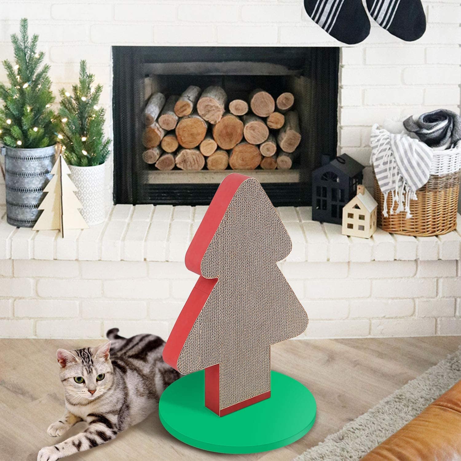 Scratchme Cat Scratcher Post Cardboard, Christmas Tree Shape Cat Scratching Lounge Bed, Durable Pad Prevents Furniture Damage, 1-Pack