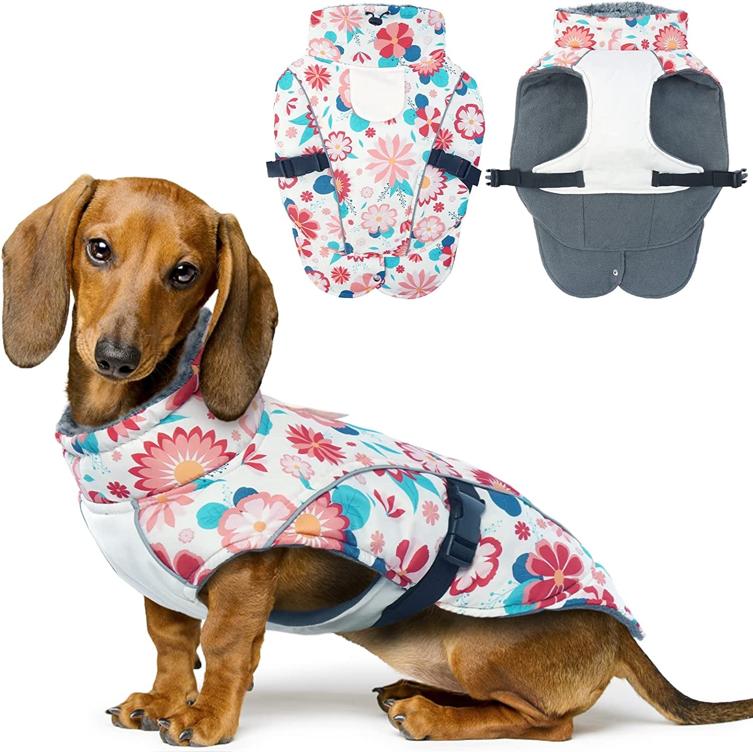 FUAMEY Dog Cold Weather Jacket,Dog Winter Coat with Fur Collar Pet Windproof Warm Vest Doggie Reflective Apparel Small Medium Large Paded Dog Clothes with Leash Hole Thick Dog Fleece Outdoor Coats Animals & Pet Supplies > Pet Supplies > Dog Supplies > Dog Apparel FUAMEY flower Large(chest:21-24in) 