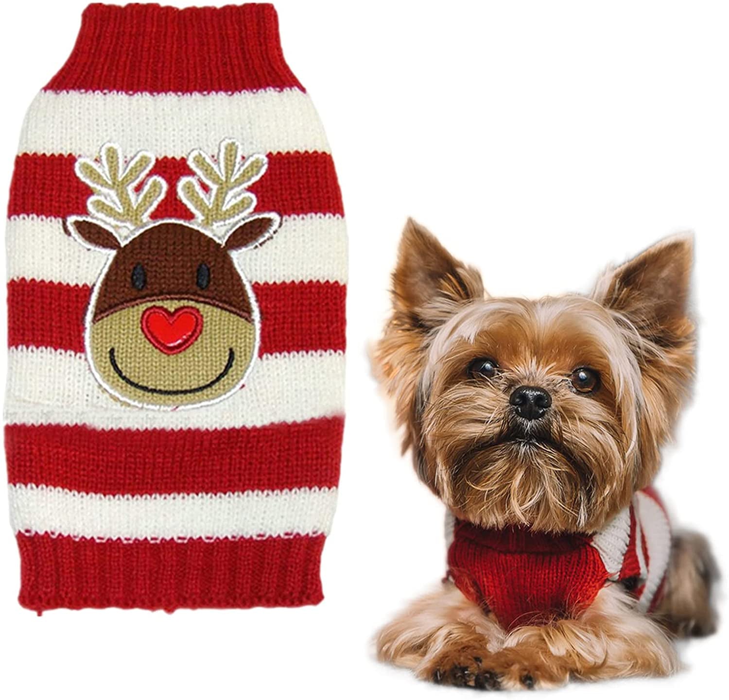 Moorfowl Cute Reindeer Pet Dog Christmas Knitted Sweater Puppy Cat Winter Sweatshirt Clothes Warm Knitwear Hoodies Red & White XXL Animals & Pet Supplies > Pet Supplies > Dog Supplies > Dog Apparel Moolecole M(Chest15.35",Back12.59")  