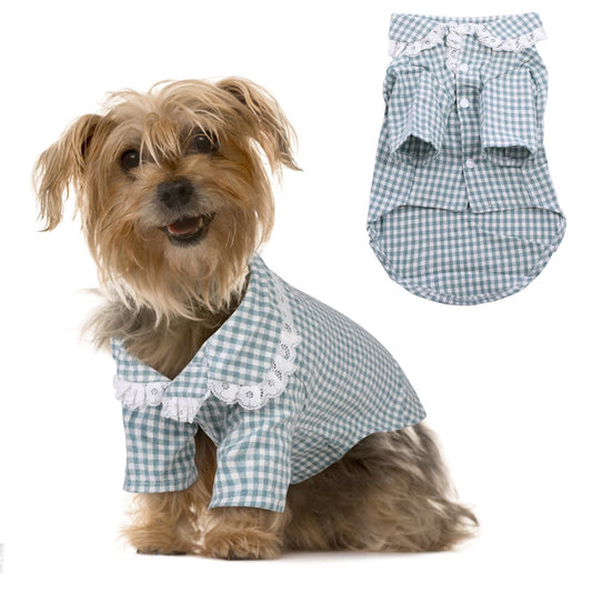 BRKURLEG Dog Plaid Shirt with Lace Collar, Classic Grid Puppy Pajamas Clothes for Small Dogs Cats, Dog Polo T-Shirt Outfits, Pet Apparel Animals & Pet Supplies > Pet Supplies > Dog Supplies > Dog Apparel BRKURLEG Green  