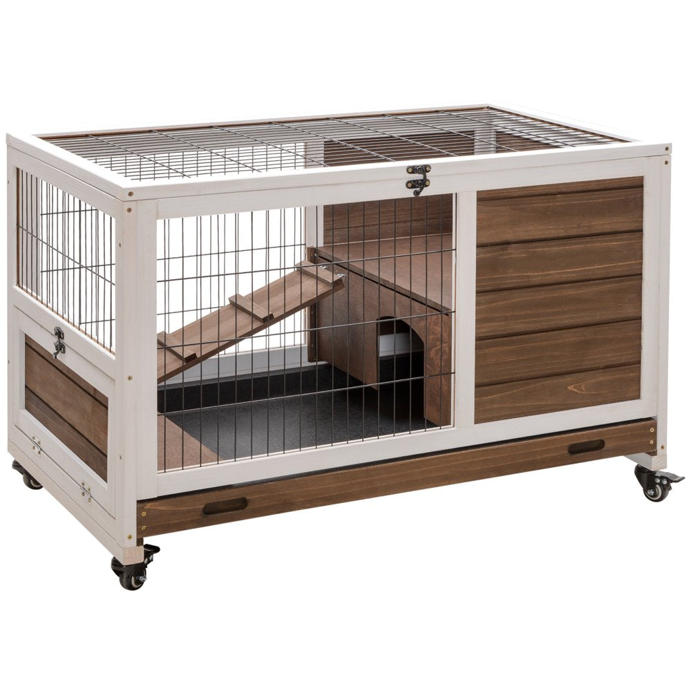 Pawhut Wooden Indoor Rabbit Hutch Elevated Cage Habitat with Enclosed Run with Wheels, Ideal for Rabbits and Guinea Pigs Animals & Pet Supplies > Pet Supplies > Small Animal Supplies > Small Animal Habitats & Cages Aosom LLC Brown  