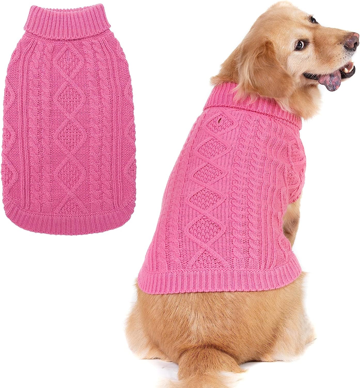 BINGPET Dog Knitted Sweaters - Turtleneck - Classic Cable Knit Dog Jumper Coat Warm Sweartershirts Outfits for Dogs Cats in Autumn Winter Animals & Pet Supplies > Pet Supplies > Dog Supplies > Dog Apparel BINGPET Pink Medium 