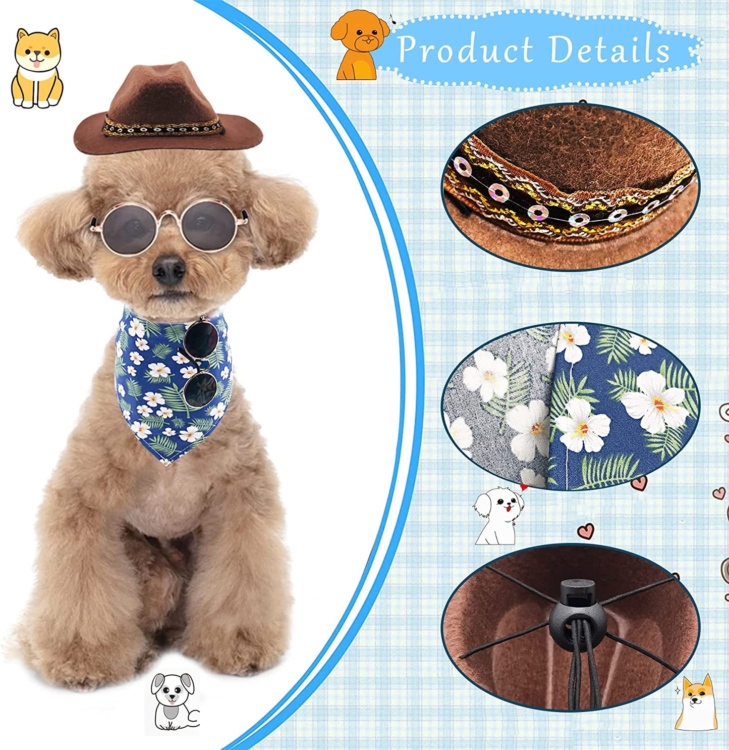 Pai Sence 3Pcs Brown Dog Cowboy Hat Floral Bandana Triangle Scarf Fashion Sunglasses West Cowboy Costume Accessories Set for Small Medium Puppy Dogs Cats Kitten Hawaii Festival Party Daily Wearing Animals & Pet Supplies > Pet Supplies > Dog Supplies > Dog Apparel Paixiu   