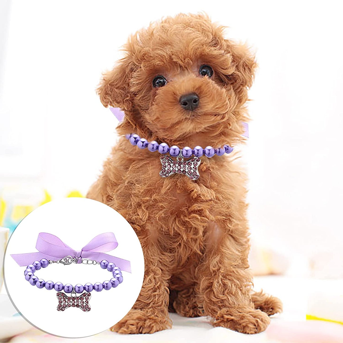 Pet Pearl Collar for Small Pet Cat Dogs Collar Dog Bone Adjustable Pendant Jewelry Cat Breakaway Collar Bow Tie (Purple, L) Animals & Pet Supplies > Pet Supplies > Dog Supplies > Dog Apparel SANG   