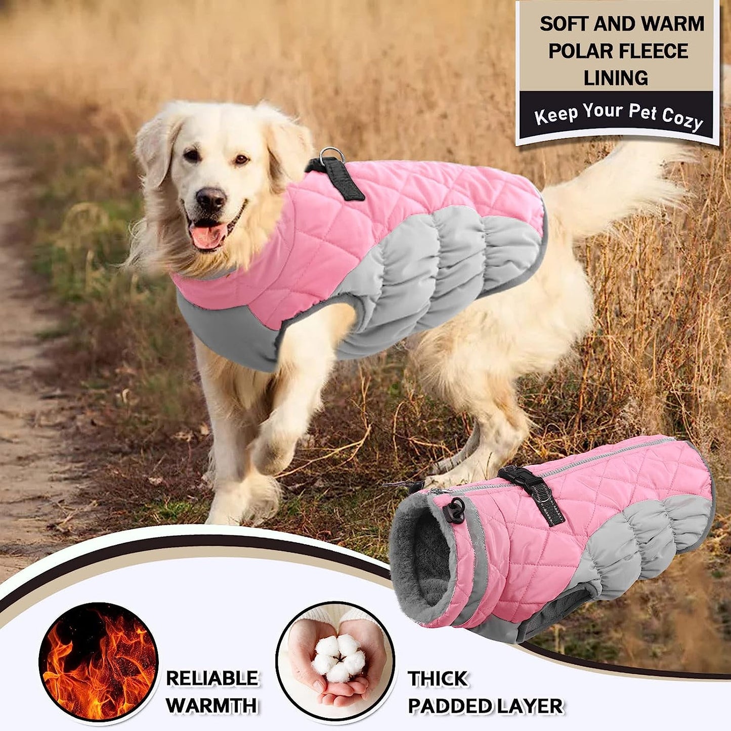 AOFITEE Winter Dog Coat Warm Fleece Dog Jacket for Cold Weather, Reflective Zip up Puppy Dog Snowproof Vest with Leash Ring, Outdoor Pet Sweater Snowsuit Apparel for Small Medium Large Dogs, Pink L Animals & Pet Supplies > Pet Supplies > Dog Supplies > Dog Apparel AOFITEE   