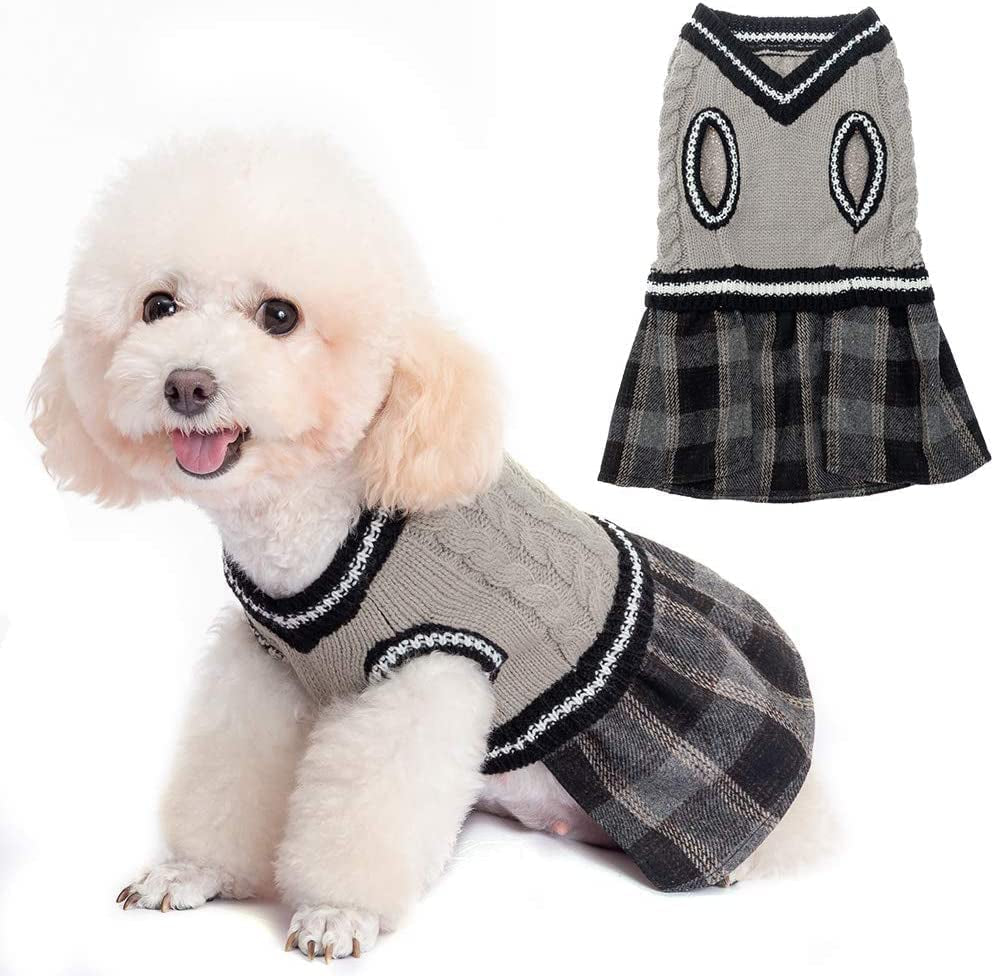 BINGPET Dog Sweater Dress - Plaid Pattern - Warm Pullover with Leash Hole V-Neck Knitwear Pet Sweater Cat Knitted Dress One-Piece Dress for Small to Medium Dog and Cat Animals & Pet Supplies > Pet Supplies > Dog Supplies > Dog Apparel BINGPET Grey X-Small 