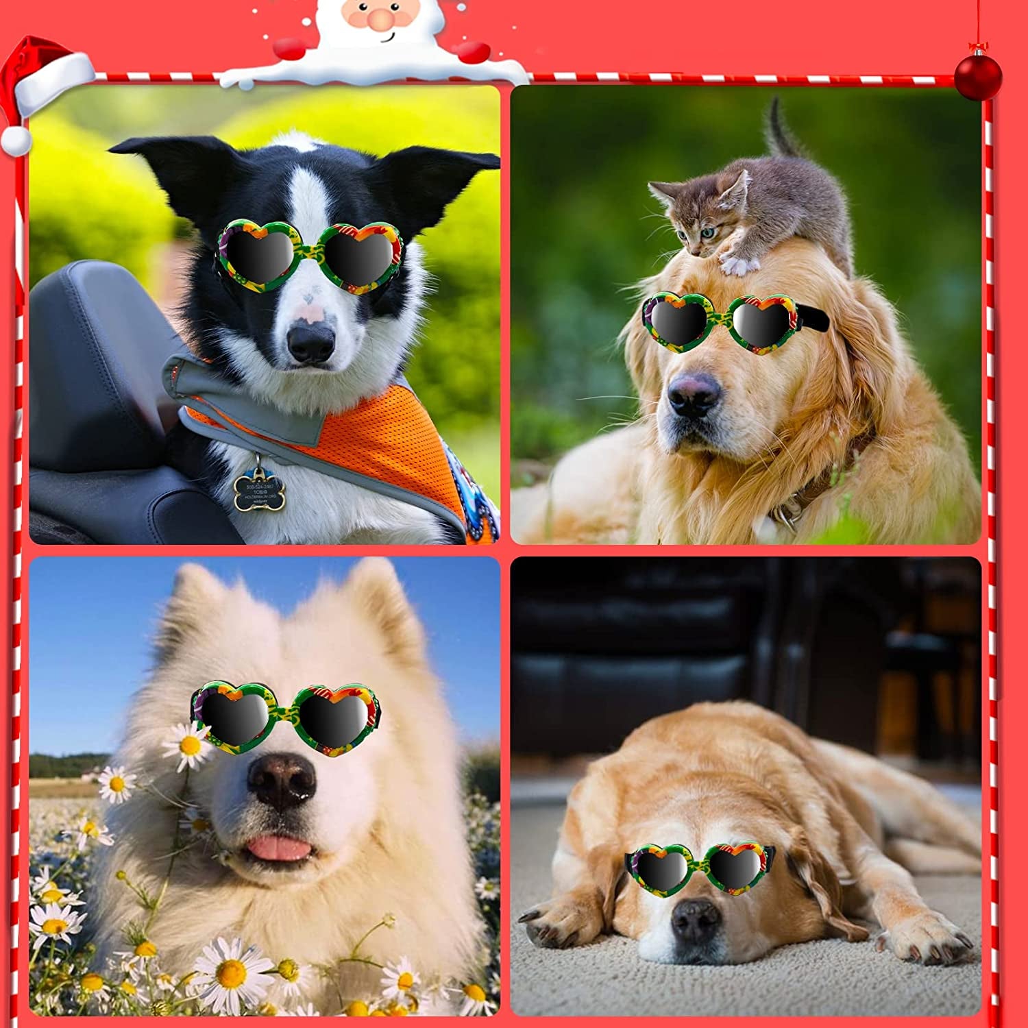 Dog Goggles, Christmas Small Dog Sunglasses, UV Protection Goggles with Adjustable Strap, Doggy Heart Shape Windproof Anti-Fog Pet Glasses for Puppy Eyes Wear Protective (Christmas-Green) Animals & Pet Supplies > Pet Supplies > Dog Supplies > Dog Apparel 8965232151   