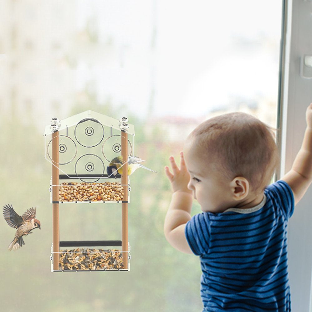 HHXRISE Window Bird Feeder with Strong Suction Cups, Outdoor Acrylic Bird House with 2 Tiers Seed Tray, Large Weatherproof Birdfeeder for Wild Birds, Finch, Cardinal, and Bluebird, Brown Animals & Pet Supplies > Pet Supplies > Bird Supplies > Bird Food HHXRISE   