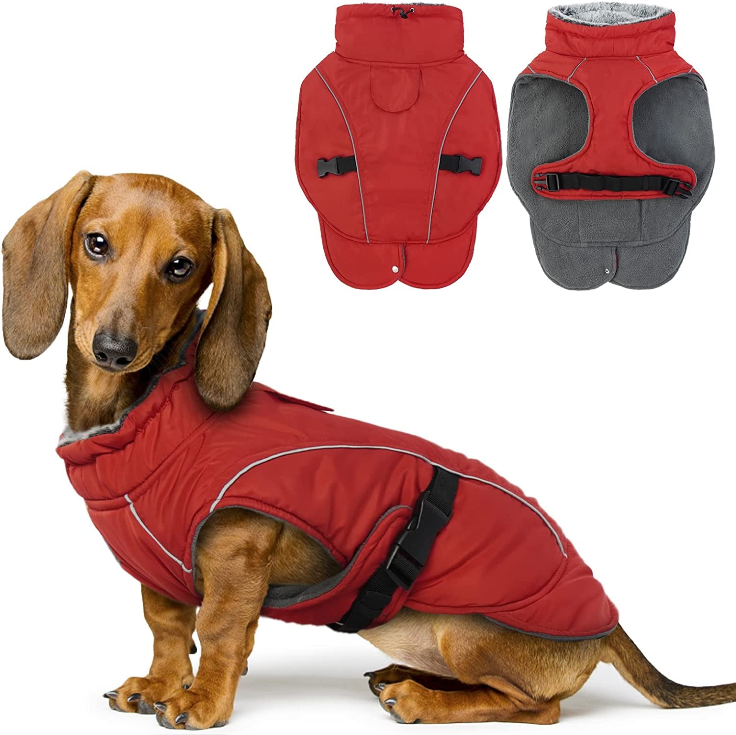 FUAMEY Dog Cold Weather Jacket,Dog Winter Coat with Fur Collar Pet Windproof Warm Vest Doggie Reflective Apparel Small Medium Large Paded Dog Clothes with Leash Hole Thick Dog Fleece Outdoor Coats Animals & Pet Supplies > Pet Supplies > Dog Supplies > Dog Apparel FUAMEY red Large(chest:21-24in) 