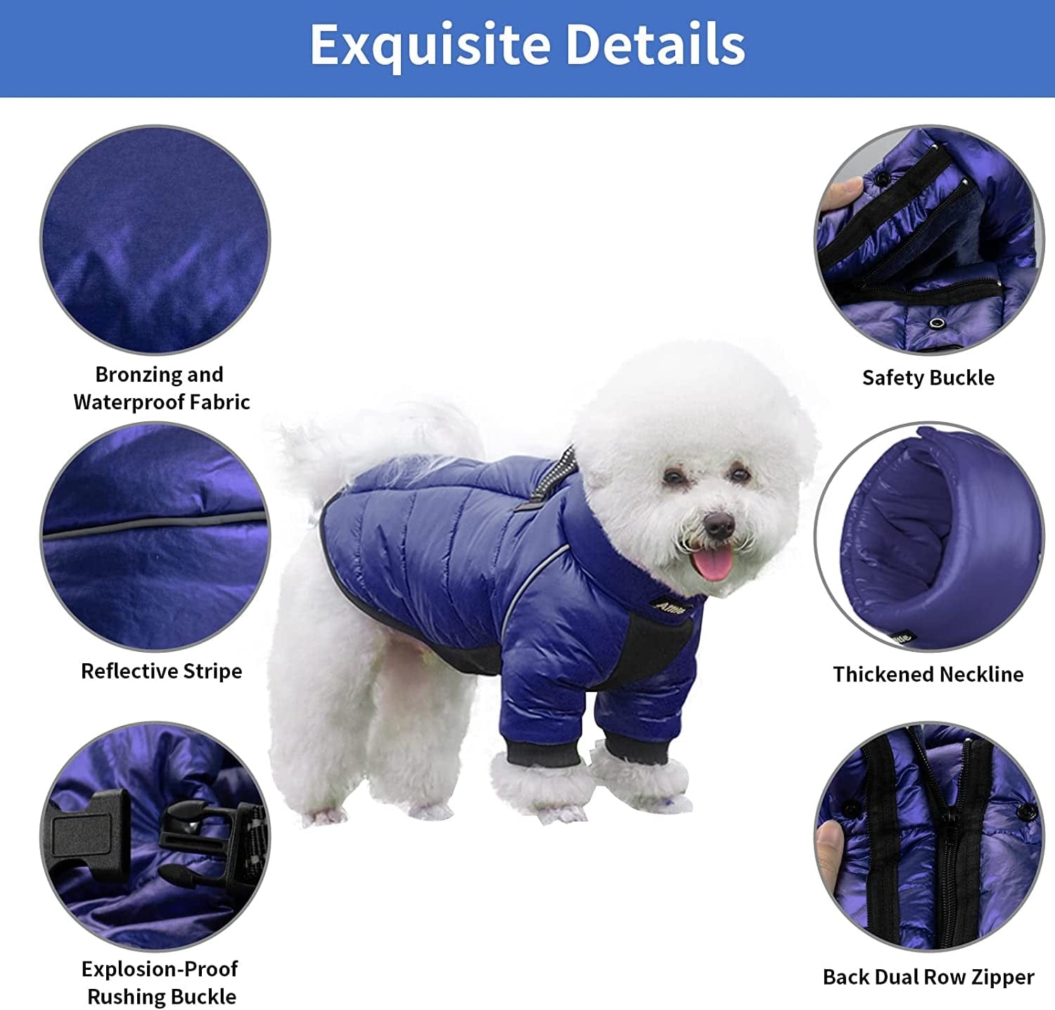 AIITLE Dog Warm Winter Jacket - Bronzing Waterproof Fabric Dog Coat - Dual D Ring Collar Design Dog Winter Coat - Cold Weather Dog Apparel for Small Medium Large Dogs Navy Blue L Animals & Pet Supplies > Pet Supplies > Dog Supplies > Dog Apparel AIITLE   