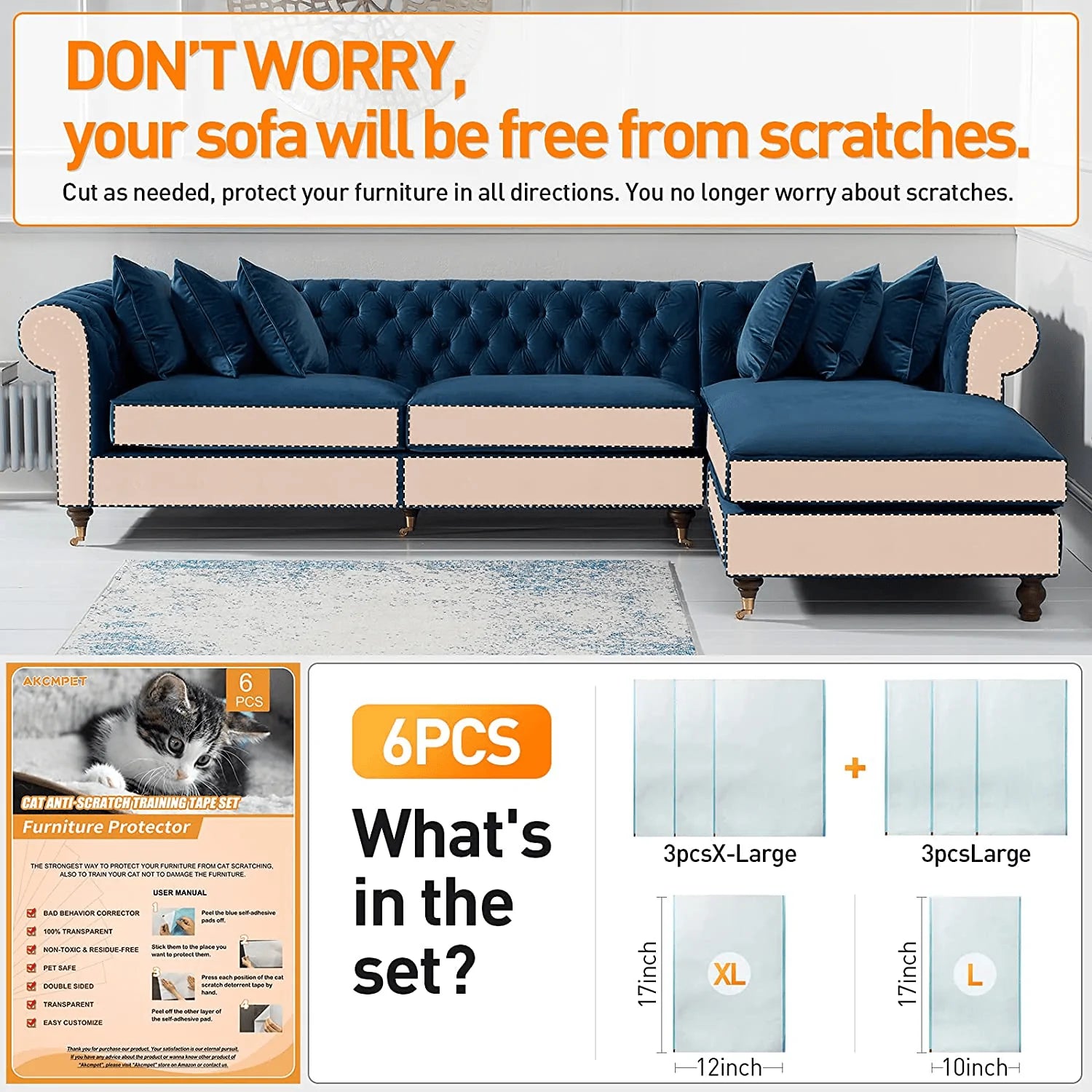 Akcmpet Furniture Protectors from Cats, Couch Protector for Cats 6PCS Double-Sided Cat Scratch Deterrent, anti Scratch Furniture Protector Cat Couch Protector , 17''X12''+17''X10'' Cat Training Tape Animals & Pet Supplies > Pet Supplies > Cat Supplies > Cat Furniture Akcmpet   