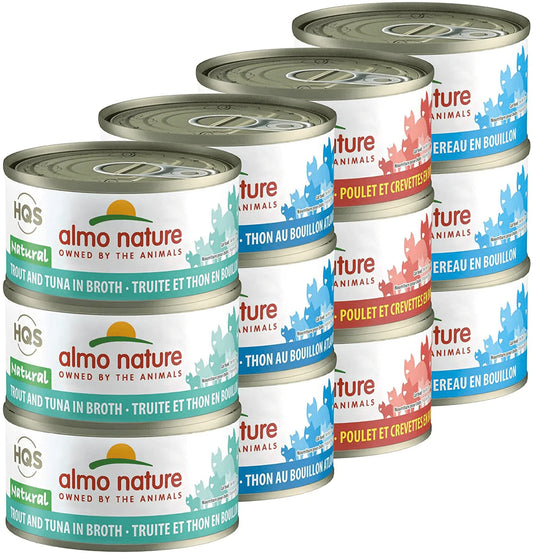 Almo Nature HQS Natural Variety Pack Grain Free, Additive Free Recipes - Atlantic Style Tuna(6); Mackerel (6); Chicken & Shrimps(6); Trout & Tuna (6) Adult Cat Canned Wet Food, Shredded
