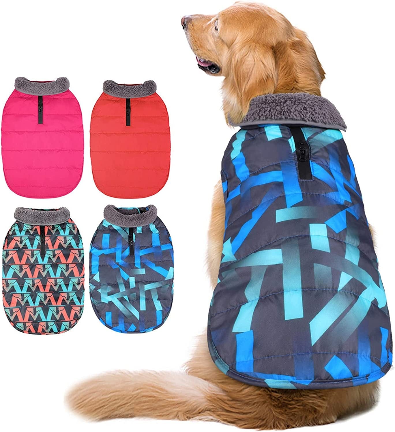 AOFITEE Dog Coat, Winter Dog Jacket Windproof Fleece Cold Weather Coats for Dogs, Warm Dog Winter Vest with Collar & Zipper Leash Hole, Outdoor Pet Apparel for Small Medium Large Dogs, Pink M Animals & Pet Supplies > Pet Supplies > Dog Supplies > Dog Apparel AOFITEE Blue Geometric X-Small 