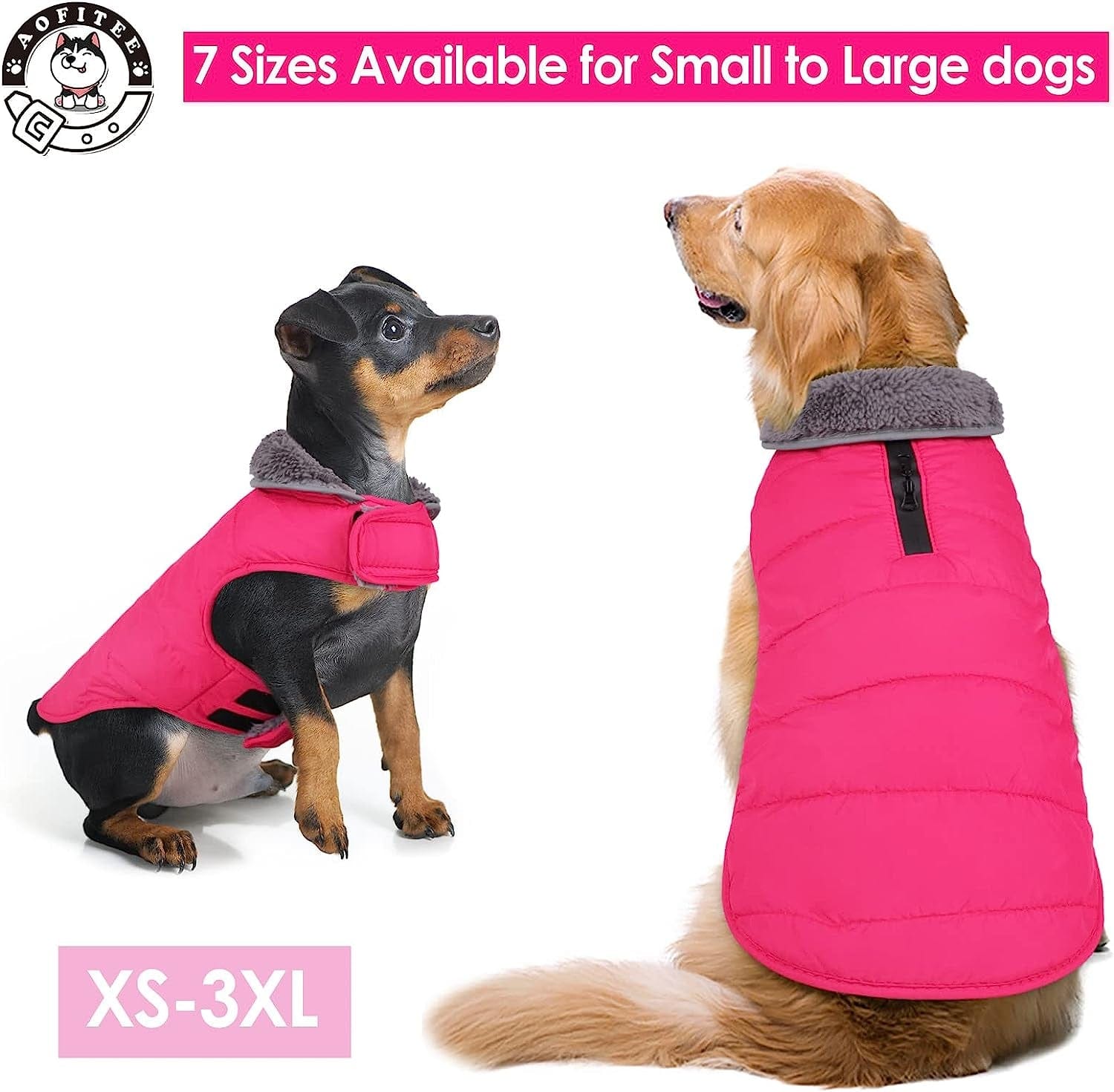 AOFITEE Dog Coat, Winter Dog Jacket Windproof Fleece Cold Weather Coats for Dogs, Warm Dog Winter Vest with Collar & Zipper Leash Hole, Outdoor Pet Apparel for Small Medium Large Dogs, Pink M Animals & Pet Supplies > Pet Supplies > Dog Supplies > Dog Apparel AOFITEE   
