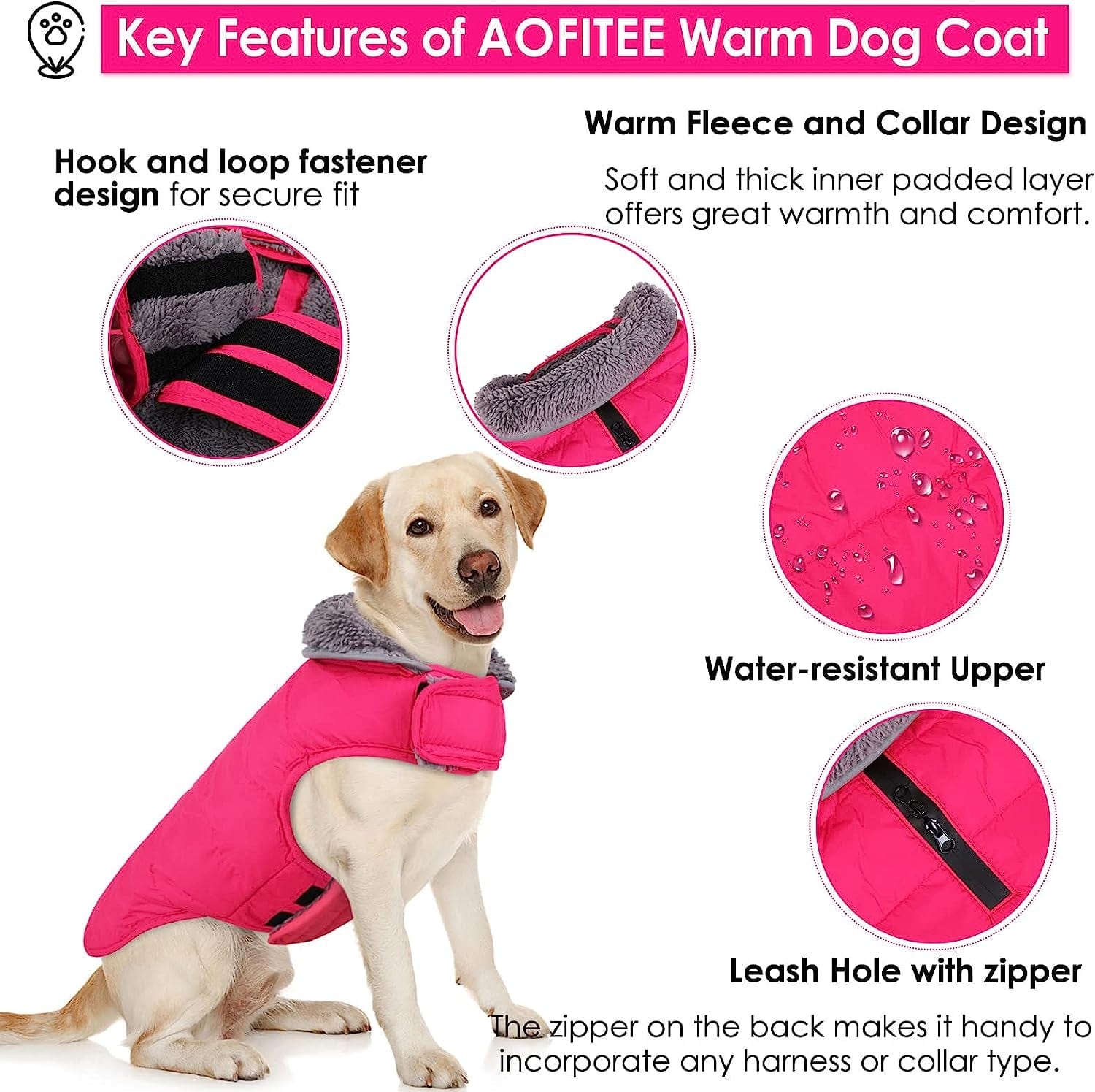 AOFITEE Dog Coat, Winter Dog Jacket Windproof Fleece Cold Weather Coats for Dogs, Warm Dog Winter Vest with Collar & Zipper Leash Hole, Outdoor Pet Apparel for Small Medium Large Dogs, Pink M Animals & Pet Supplies > Pet Supplies > Dog Supplies > Dog Apparel AOFITEE   