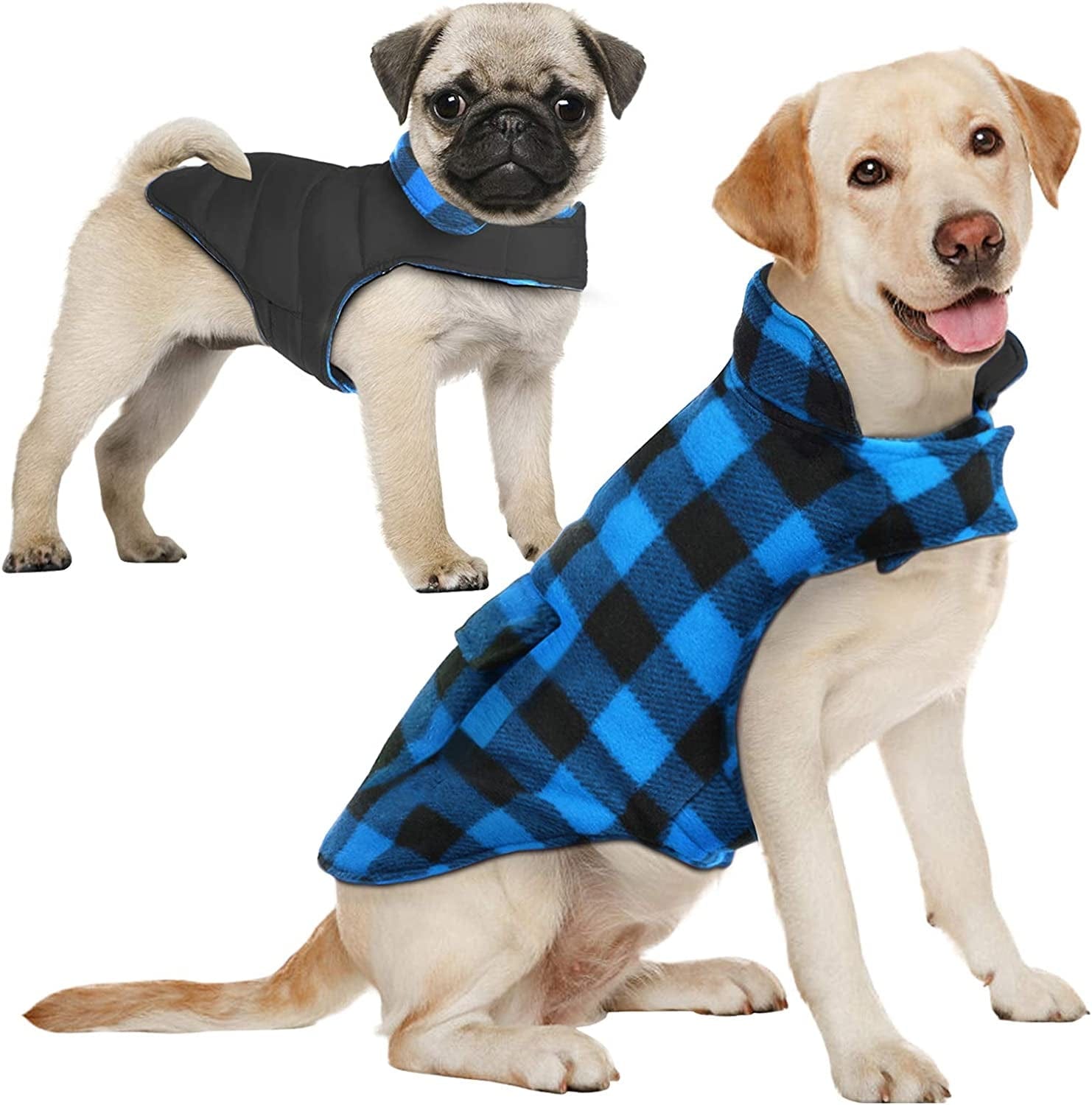 AOFITEE Reversible Dog Cold Weather Coat, Waterproof British Style Plaid Winter Pet Jacket, Warm Cotton Lined Vest Windproof Collar Outdoor Apparel for Small Medium and Large Dogs Animals & Pet Supplies > Pet Supplies > Dog Supplies > Dog Apparel AOFITEE Blue & Black Grid Small (Pack of 1) 