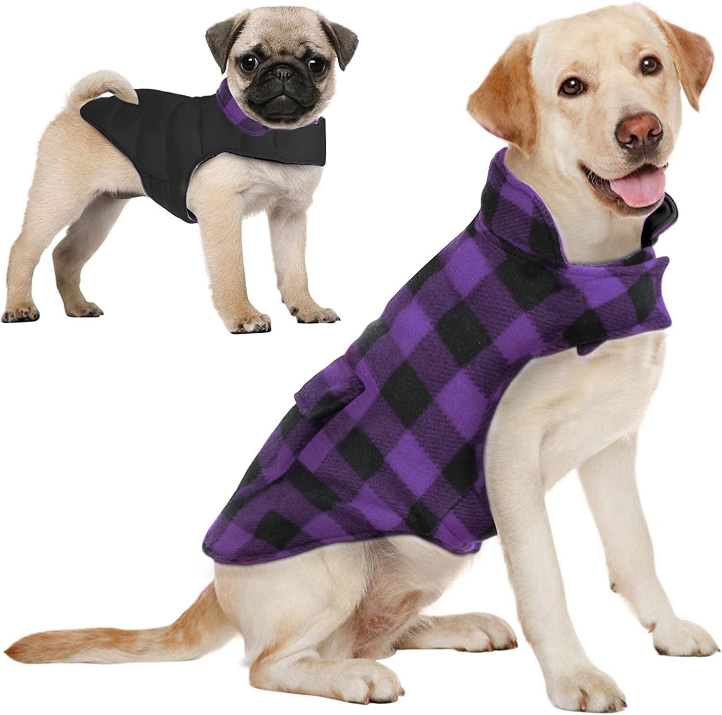 AOFITEE Reversible Dog Cold Weather Coat, Waterproof British Style Plaid Winter Pet Jacket, Warm Cotton Lined Vest Windproof Collar Outdoor Apparel for Small Medium and Large Dogs Animals & Pet Supplies > Pet Supplies > Dog Supplies > Dog Apparel AOFITEE Purple & Black Grid Small (Pack of 1) 