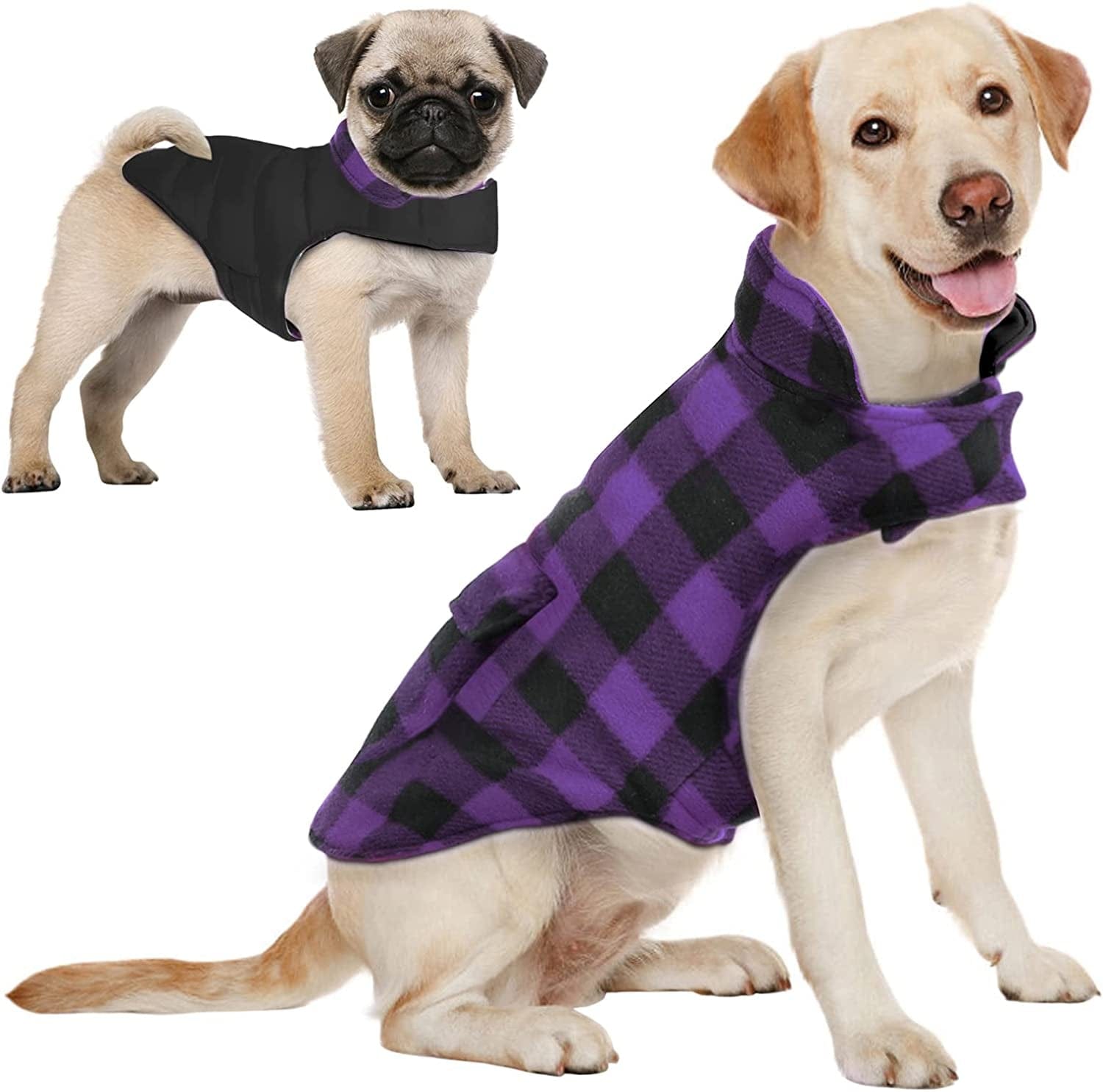 AOFITEE Reversible Dog Cold Weather Coat, Waterproof British Style Plaid Winter Pet Jacket, Warm Cotton Lined Vest Windproof Collar Outdoor Apparel for Small Medium and Large Dogs Animals & Pet Supplies > Pet Supplies > Dog Supplies > Dog Apparel AOFITEE Purple & Black Grid Small (Pack of 1) 