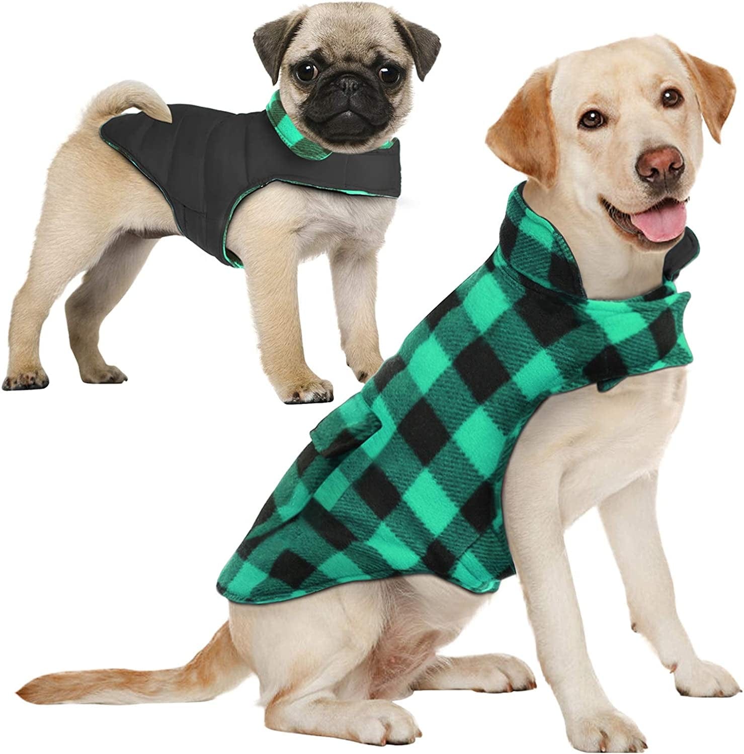 AOFITEE Reversible Dog Cold Weather Coat, Waterproof British Style Plaid Winter Pet Jacket, Warm Cotton Lined Vest Windproof Collar Outdoor Apparel for Small Medium and Large Dogs Animals & Pet Supplies > Pet Supplies > Dog Supplies > Dog Apparel AOFITEE Green & Black Grid Small (Pack of 1) 
