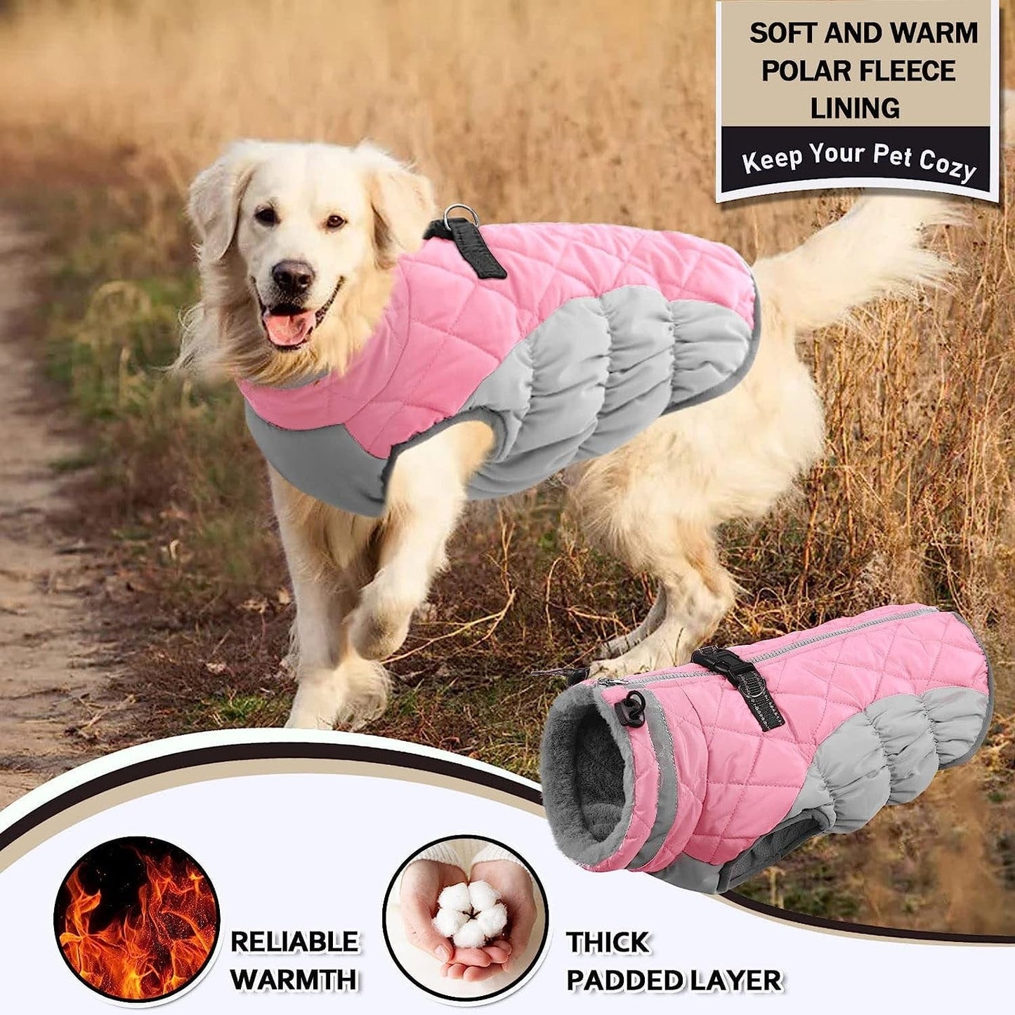 AOFITEE Winter Dog Coat Warm Fleece Dog Jacket for Cold Weather, Reflective Zip up Puppy Dog Snowproof Vest with Leash Ring, Outdoor Pet Sweater Snowsuit Apparel for Small Medium Large Dogs, Pink XL Animals & Pet Supplies > Pet Supplies > Dog Supplies > Dog Apparel AOFITEE   