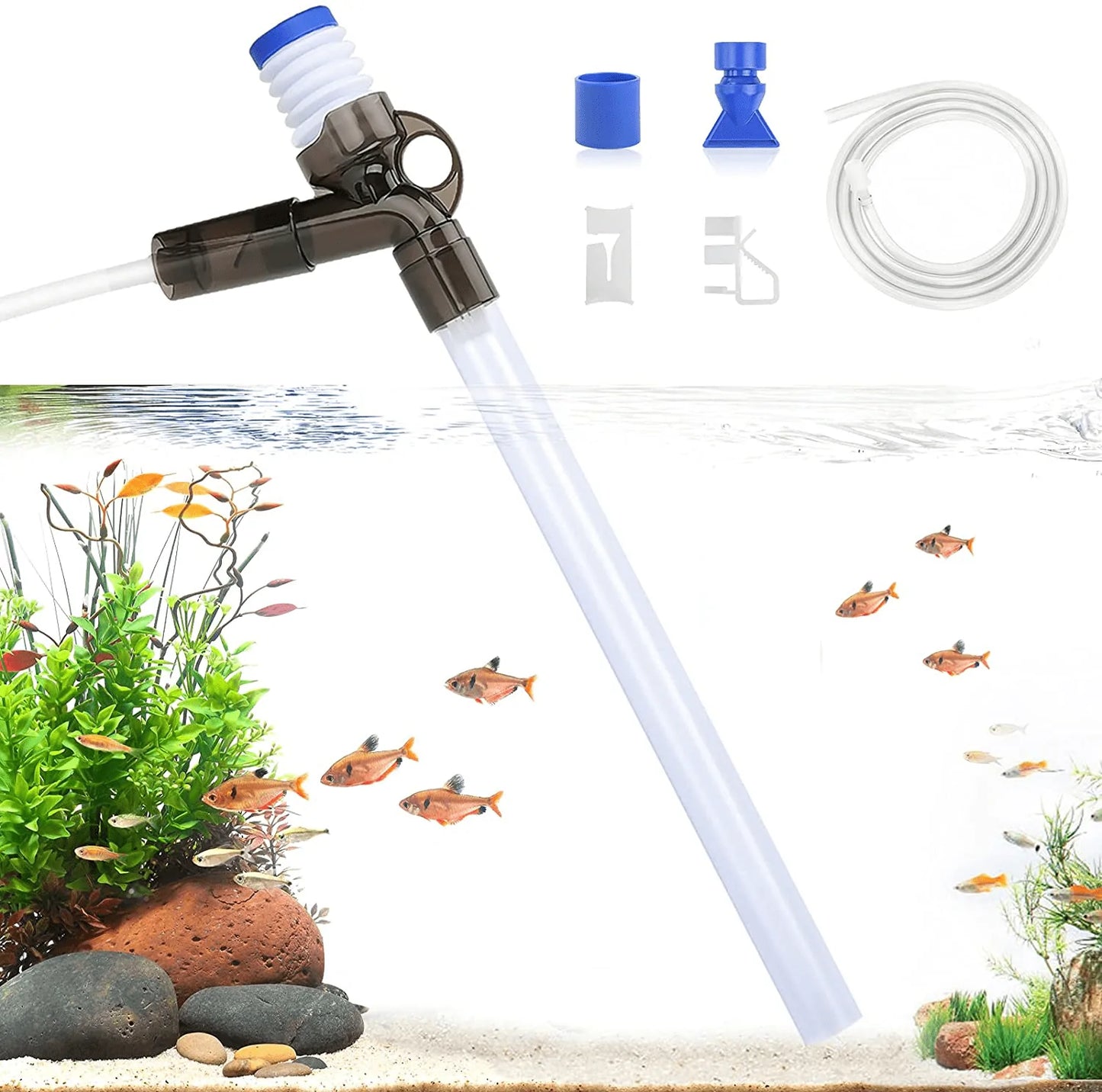 AQQA Aquarium Gravel Cleaner Fish Tank Sand Cleaner Kit Long Nozzle Water Changer with Air-Pressing Button and Adjustable Water Flow Controller for Water Changing and Filter Gravel Cleaning