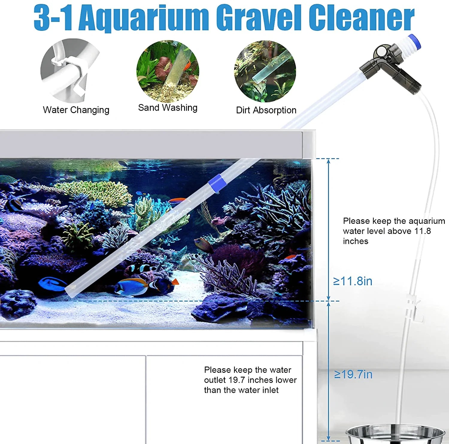 AQQA Aquarium Gravel Cleaner Fish Tank Sand Cleaner Kit Long Nozzle Water Changer with Air-Pressing Button and Adjustable Water Flow Controller for Water Changing and Filter Gravel Cleaning