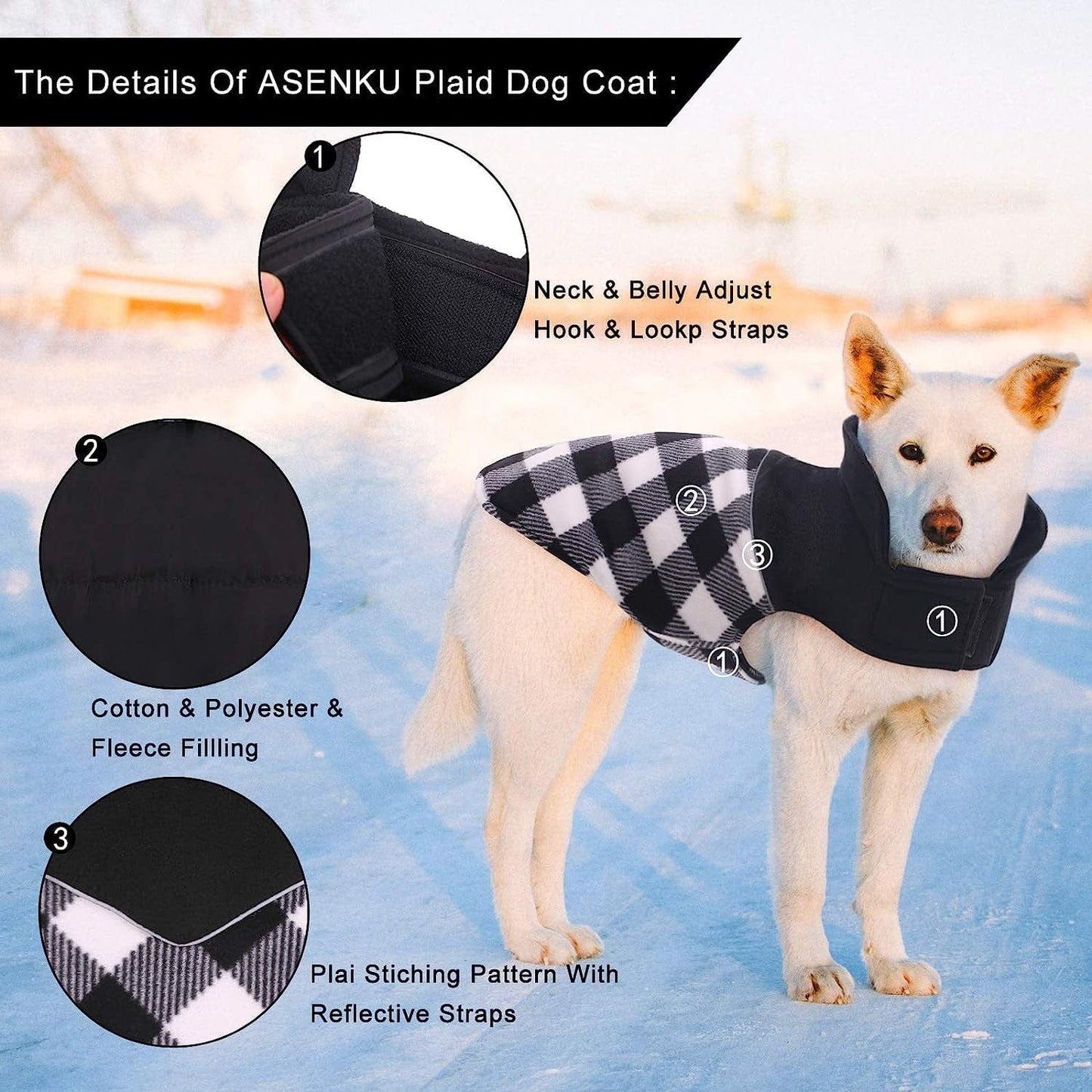 ASENKU Dog Plaid Coat Dog Reversible Winter Jacket Waterproof Windproof Cold Weather Pet Vest Dog Clothes Apparel for Small Medium Large Dogs, Black, M Animals & Pet Supplies > Pet Supplies > Dog Supplies > Dog Apparel ASENKU   