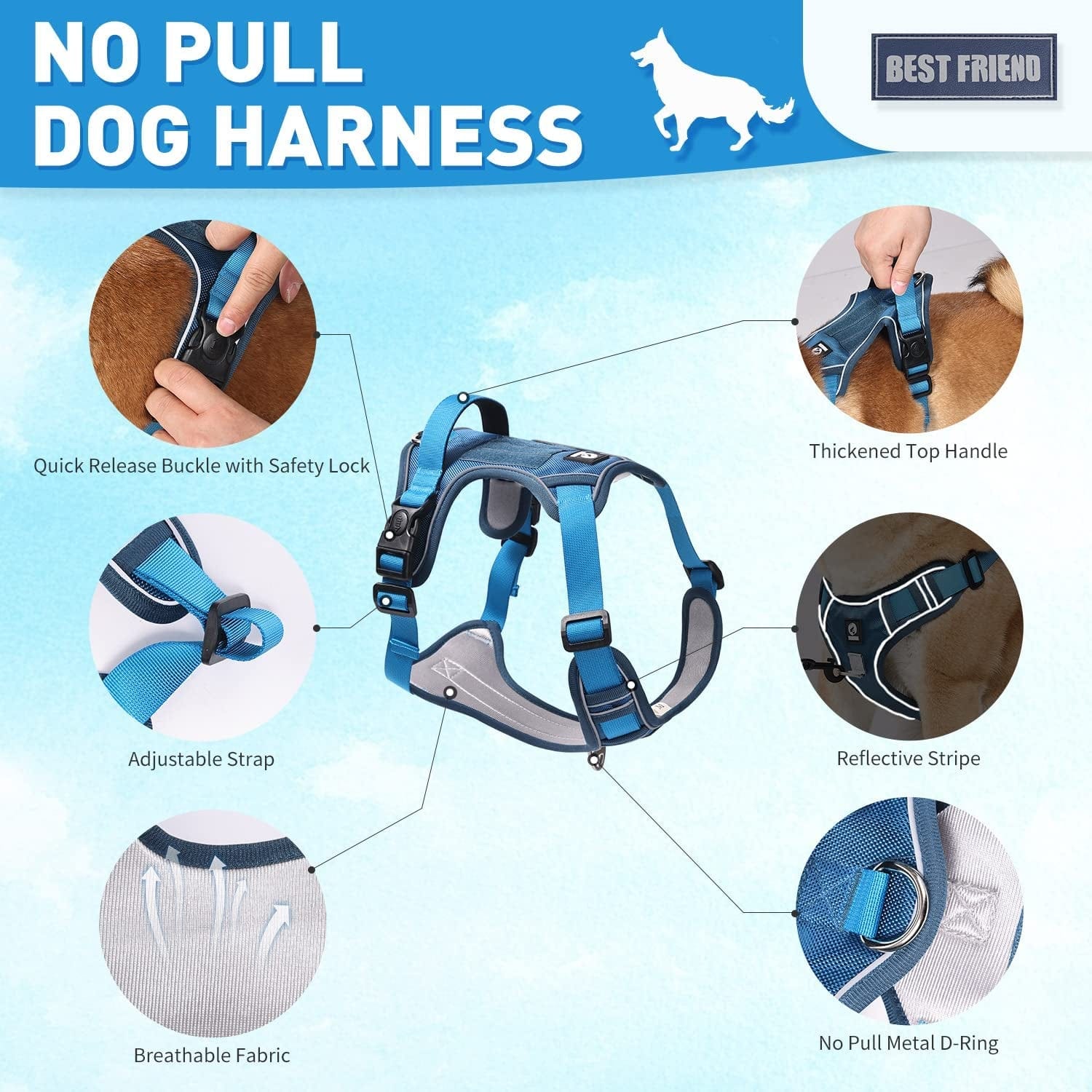 ATOYSKPX No Pull Dog Harness and Leash Set, Adjustable Breathable Dog Vest Harness with 5Ft Leash, No Choke Soft Dog Harness Vest for Small Medium Dog (Blue, 【M】 Neck 16.5"-20.5", Chest 17.3"-24") Animals & Pet Supplies > Pet Supplies > Dog Supplies > Dog Apparel ATOYSKPX   
