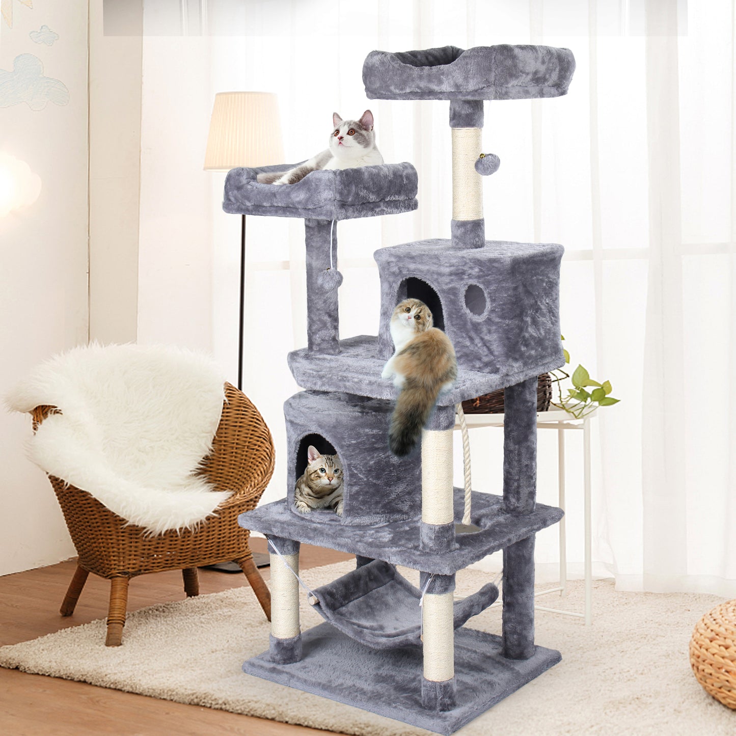Queenmail 57.5 Inches Multi-Level Cat Tree Stand House Furniture Kittens Activity Tower with Scratching Posts Kitty Pet Play House,Light Grey