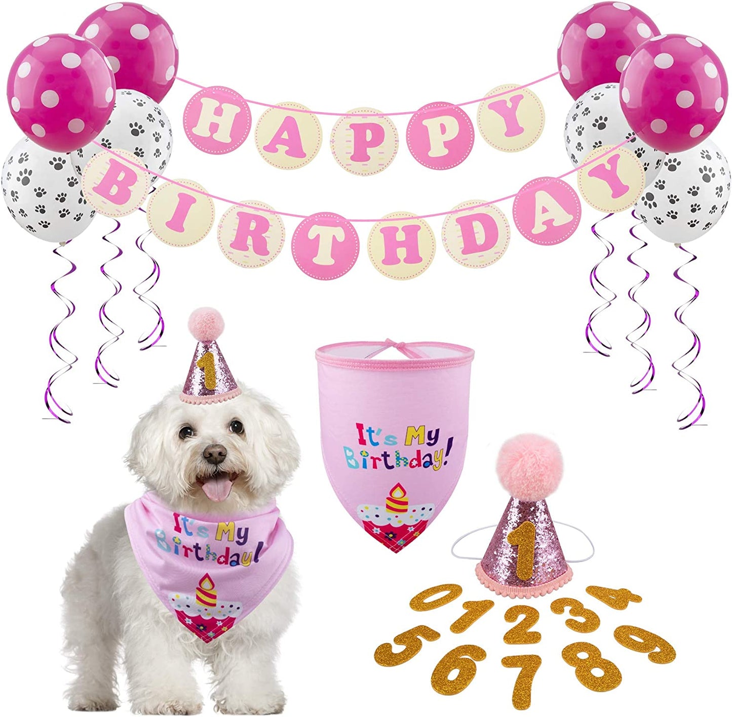 GAGILAND Dog Birthday Bandana Hat Banner Set for Medium & Large Dogs Cute Bow Tie Scarf Dog Boy Girl Birthday Party Supplies Decorations(Pink, Dog Girl)