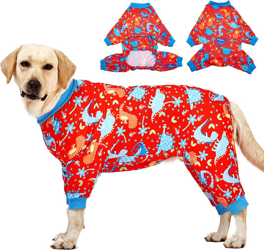 Lovinpet Pitbull Dog Pajamas, Large Dog Onesies for Surgery/Wound Care, Lightweight Stretchy Knit Fabric, Dinosaur Jungle Red Print Dog Pj'S UV Protection, Pet Anxiety Relief, Dog Costume/Xl Animals & Pet Supplies > Pet Supplies > Dog Supplies > Dog Apparel LovinPet Red/Blue Update Medium 