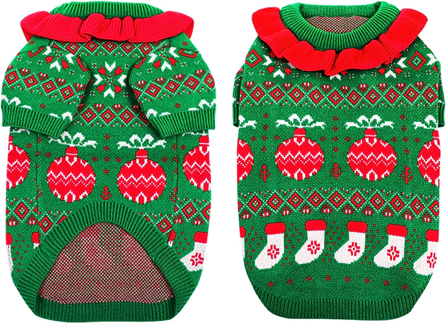 Queenmore Dog Christmas Sweater, Pet Cold Weather Pullover Sweater, Knit Clothes Elastic Thick, round Neck with Ruffles for Small Dogs, Doggies, Pups and Cats (Red, Medium) Animals & Pet Supplies > Pet Supplies > Dog Supplies > Dog Apparel Queenmore Green Large 