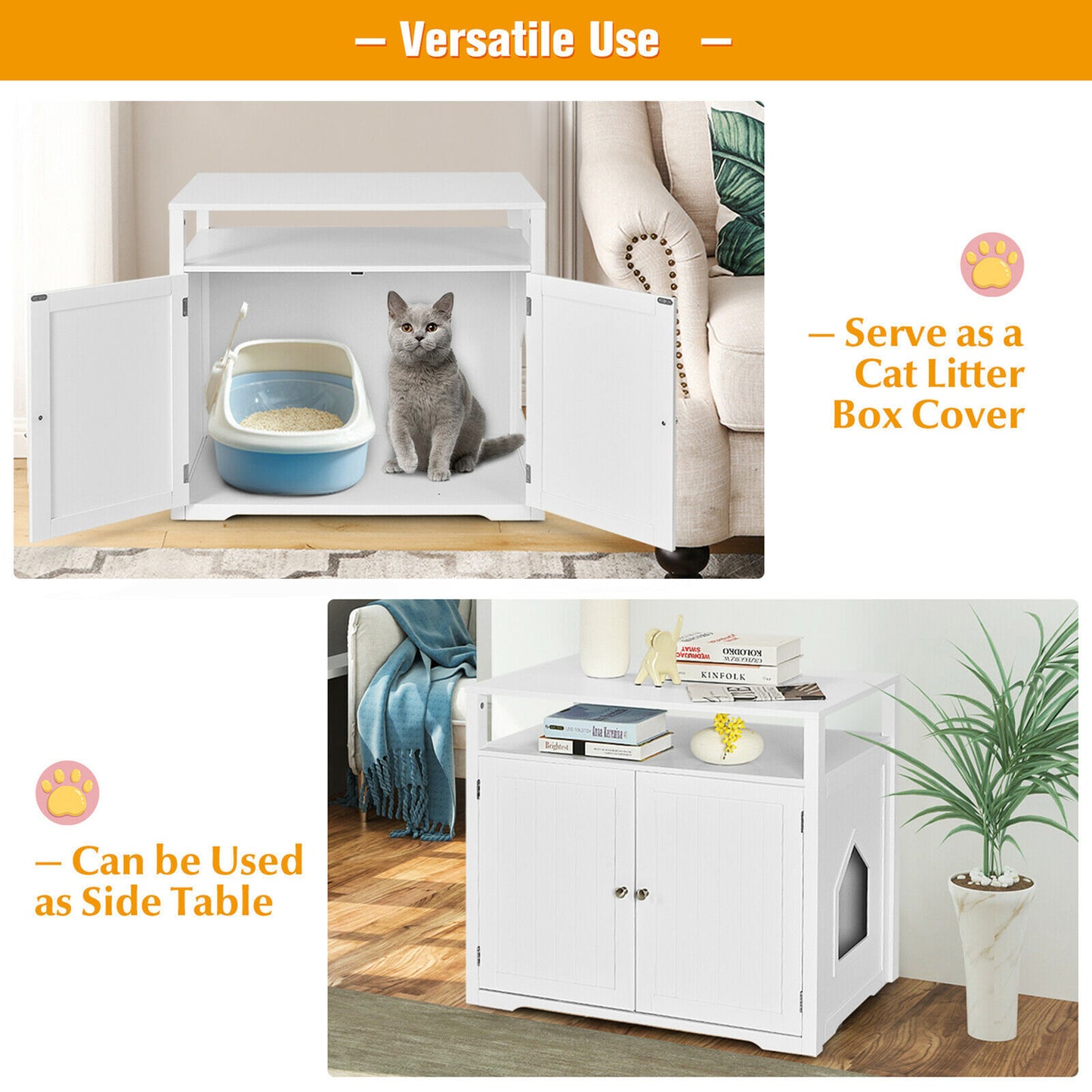Gymax Wooden Cat Litter Box Enclosure Hidden Cat Washroom W/ Storage Layer White