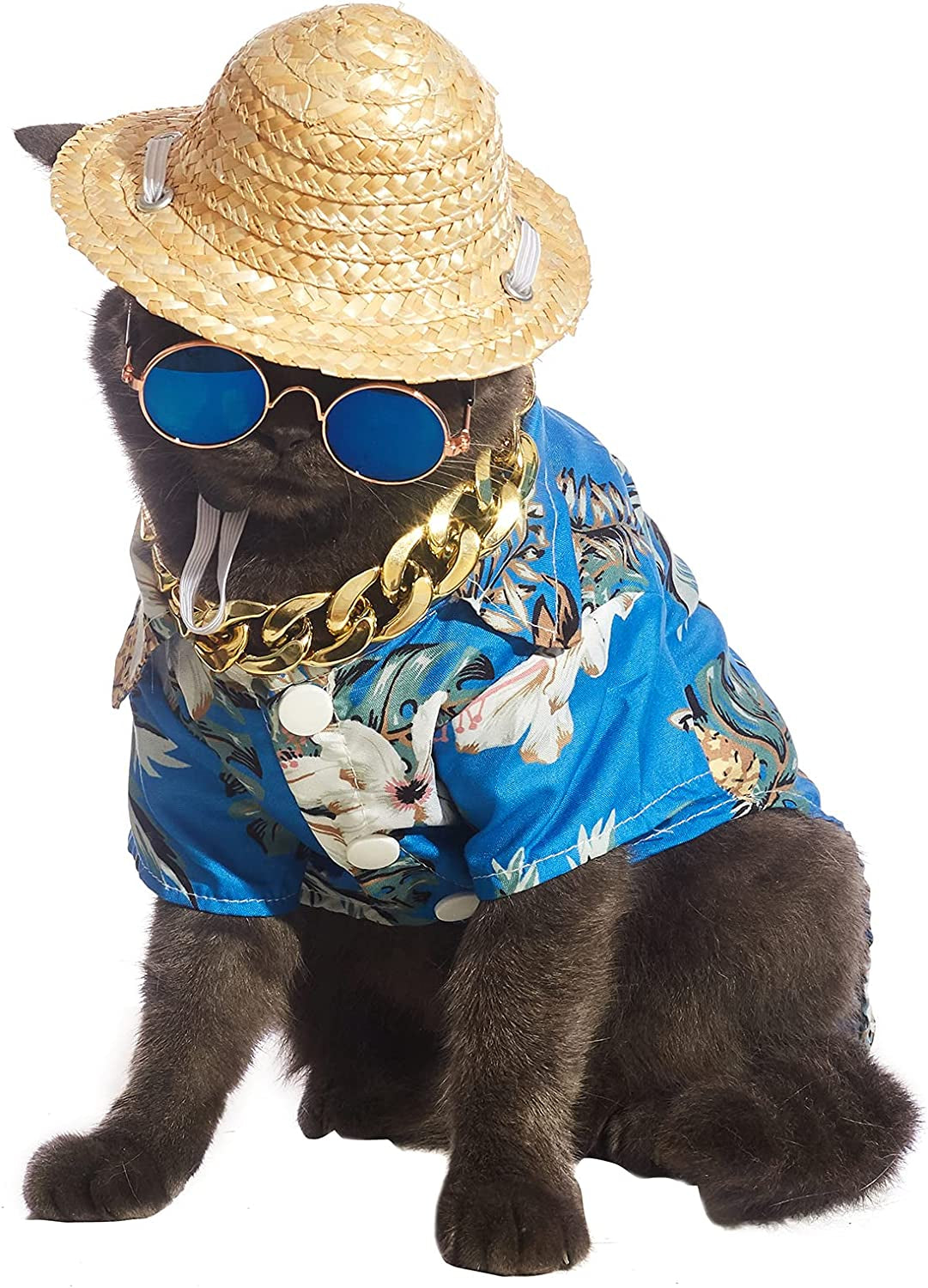 Impoosy Hawaiian Dog T Shirts Pet Summer Clothes Cat Sunglasses Funny Straw Hat Kitten Costumes with Gold Chain Collar (Large,Blue) Animals & Pet Supplies > Pet Supplies > Dog Supplies > Dog Apparel Impoosy   