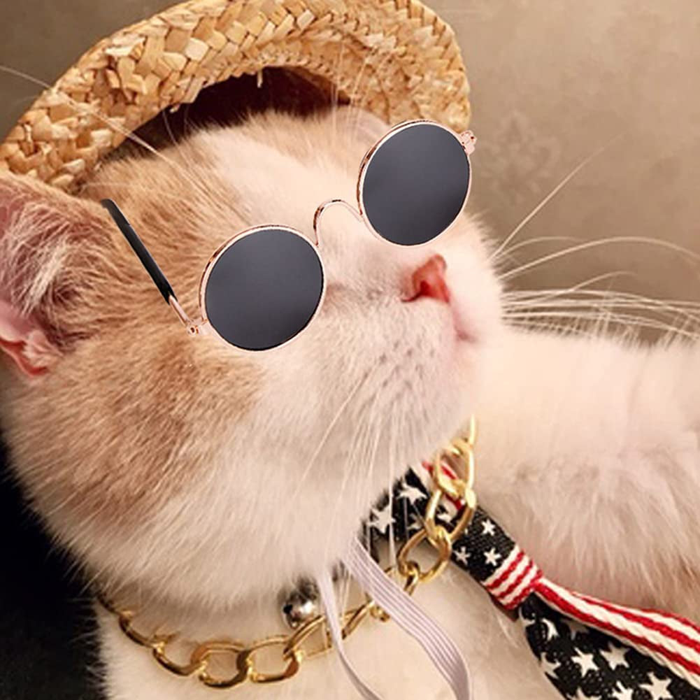 4Pcs Cat Glasses Cat Gold Chain Necktie and Straw Hat, Fashion Cool Pet Sunglasses Adjustable Pet Gold Chain Set Classic Funny Pet Accessories for Cats and Small Dogs Animals & Pet Supplies > Pet Supplies > Dog Supplies > Dog Apparel Yosbabe   