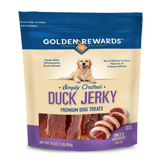 Golden Rewards Duck Flavor Premium Jerky Dry Treats for All Dogs, 16 Oz.