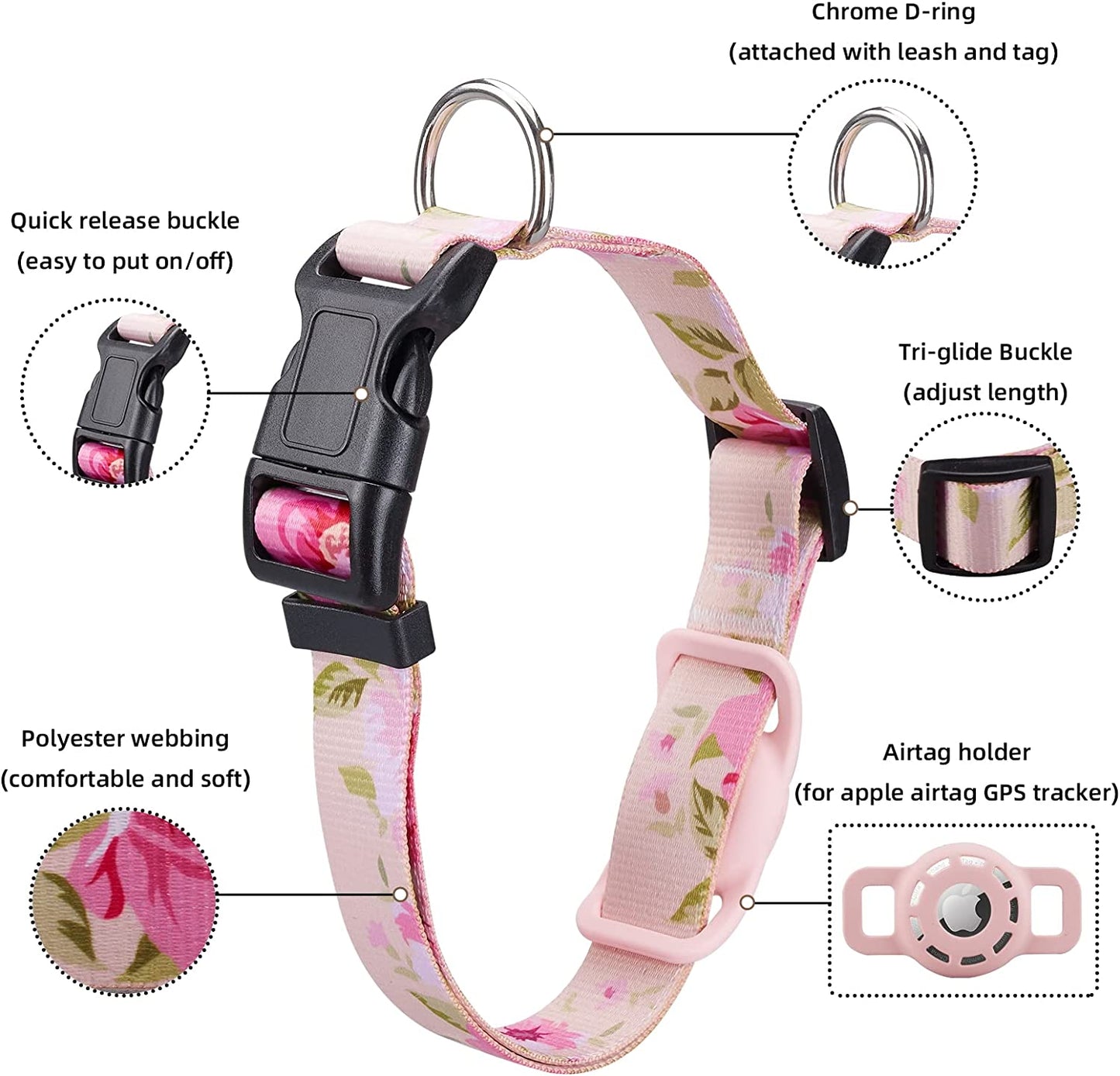 Konity Airtag Dog Collar, Compatible with Apple Airtag 2021, Polyester Pet Cat Puppy Collar with Silicone Airtag Holder for Small, Medium, Large, & Extra Large Dogs, Pink Rose, S: 9.8''-15.7'' Neck