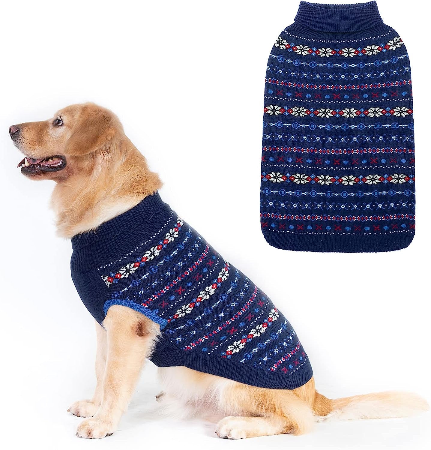 BINGPET Dog Sweater - Christmas Winter Warm Dog Clothes - Turtleneck Sweater for Small Medium Large Dogs - Classic Snowflake Doggy Knitwear Clothes Animals & Pet Supplies > Pet Supplies > Dog Supplies > Dog Apparel BINGPET Navy Blue Large 