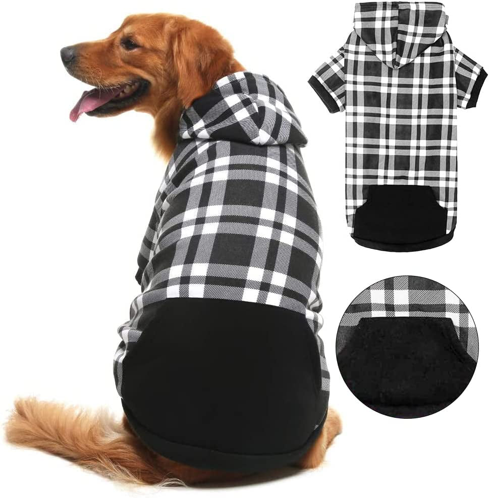 BINGPET Dog Plaid Hoodie - Pocket Design - Dog Fleece Sweater with Hat Pet Winter Clothes Plaid Dog Sweatershirts for Winter Animals & Pet Supplies > Pet Supplies > Dog Supplies > Dog Apparel BBPET Black Large 