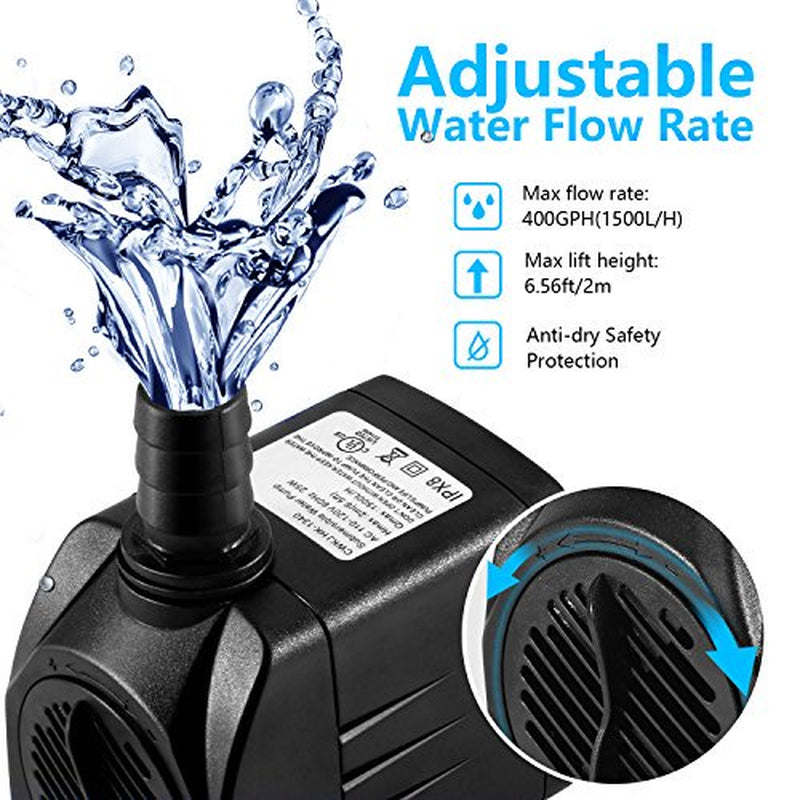 CWKJ Fountain Pump, 400GPH(25W 1500L/H) Submersible Water Pump, Durable Outdoor Fountain Water Pump with 6.5Ft Tubing (ID X 1/2-Inch), 3 Nozzles for Aquarium, Pond, Fish Tank, Water Pump Hydroponics Animals & Pet Supplies > Pet Supplies > Fish Supplies > Aquarium & Pond Tubing CWKJTOP   