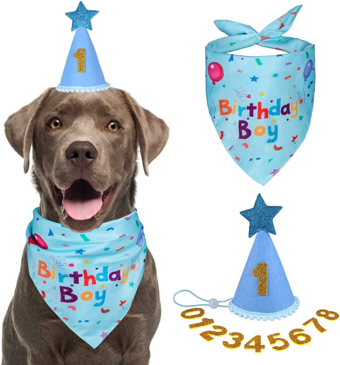 Yicostar Dog Birthday Party Supplies, Dog Birthday Bandana Scarf Dog Puppy Birthday Hat with Numbers for Small Medium Large Dogs Pet Animals & Pet Supplies > Pet Supplies > Dog Supplies > Dog Apparel Yicostar Blue Birthday  