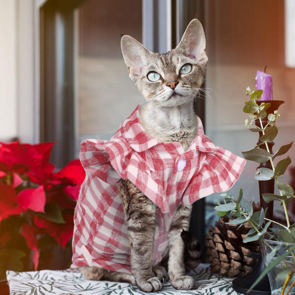 ROZKITCH Pet Apparel Cat T-Shirt Clothes Costume Soft Plaid for Kitten Hairless Cats Breathable Grid, Red Animals & Pet Supplies > Pet Supplies > Cat Supplies > Cat Apparel ROZKITCH   