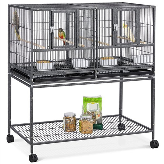 Topeakmart Stackable Metal Wide Bird Cage Divided Bird Breeder Cage with Rolling Stand for Finch Canaries Parakeets Cockatiels Budgies Black Animals & Pet Supplies > Pet Supplies > Bird Supplies > Bird Cages & Stands Topeakmart Black  