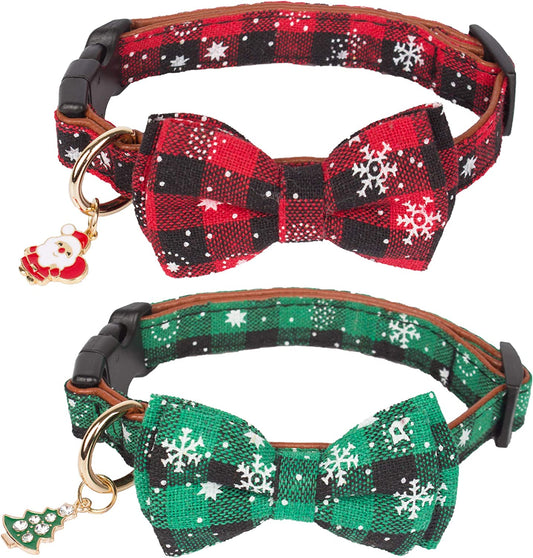 ADOGGYGO Christmas Dog Collar with Bow Tie Adjustable Bowtie Plaid Red Green Dog Pet Collars for Small Medium Large Dogs (Small, Red&Green&White)