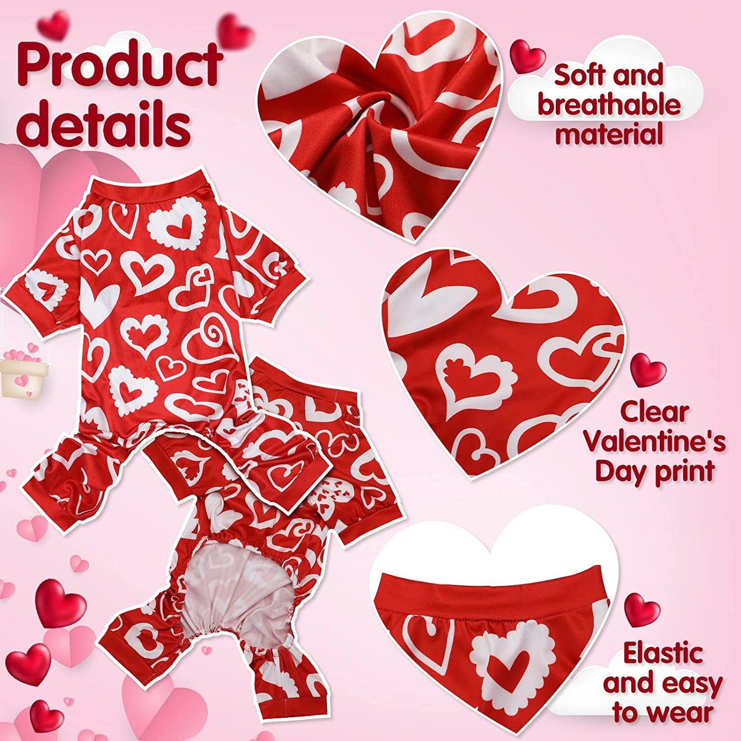 3 Pieces Valentines Day Pajamas Dog Onesies Dog Jumpsuits Dog Birthday Costume Heart Pattern Dog Clothes Dog Cartoon Apparel for Pet Puppy Dog Cat(S(Fit 3.3-5.5Lbs)) Animals & Pet Supplies > Pet Supplies > Dog Supplies > Dog Apparel Weewooday   